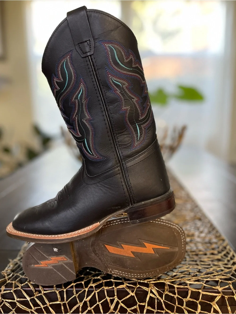 Shyanne Girls Leather Western Cowboy Square Toe Boots with Teal & Pink Stitching